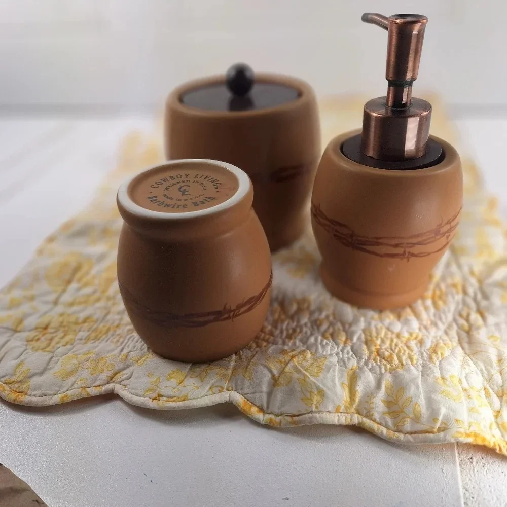 Country Living Barbwire Bath Set Rinse Cup Cotton/QTip Container Soap Pump Brown